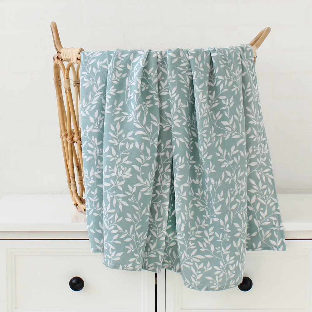 Eucalyptus Printed Organic Bamboo Cotton Muslin Baby Swaddle Blanket
