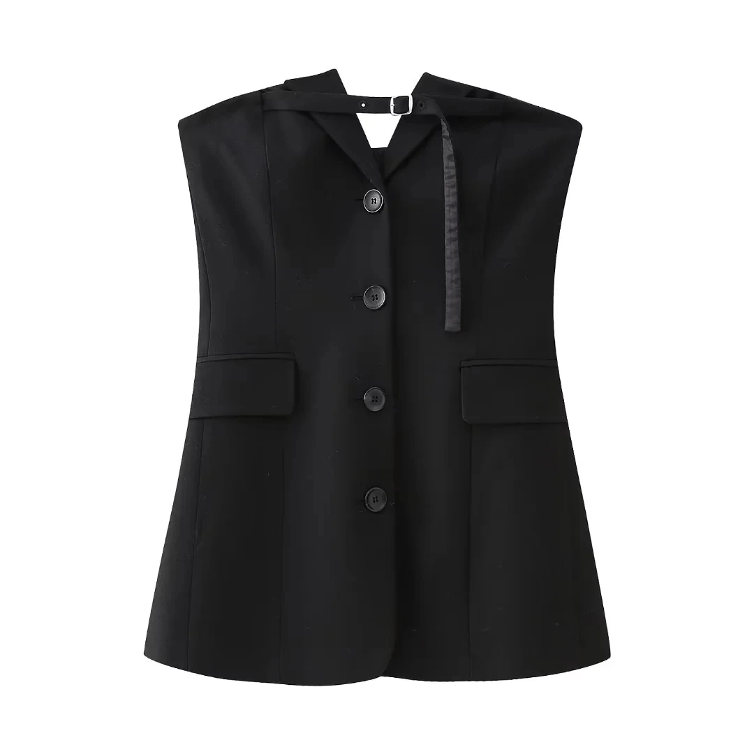 

TRAF Black Bustier Top For Women Fashion Button-Up Corset Tops Woman Sexy Strapless Aesthetic Clothing Female Pockets New Tanks