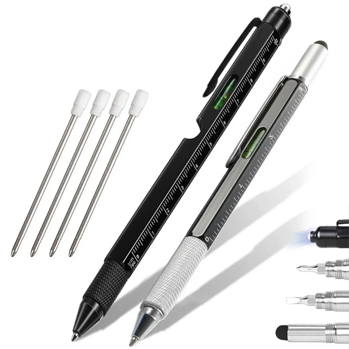 

2pcs All In 1 Ballpoint Pen Multi Tool with Ruler Level Cross Flat Head Screwdriver Touch Multitool Pen Woodworkers