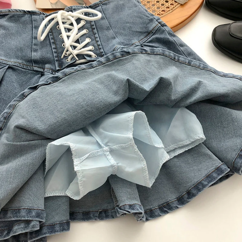 Children Skirts Spring Autumn Girls Pleated Skirt Baby Denim Skirt Kids Skort Stretchable Waist Lacing For 3-14Y