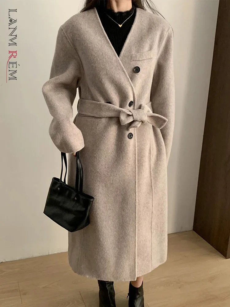 

[LANMREM] Lace-up Gathered Waist Warm Wool Coats Long Women V Neck Single Breasted Female Outwear 2024 Spring New 26D7386