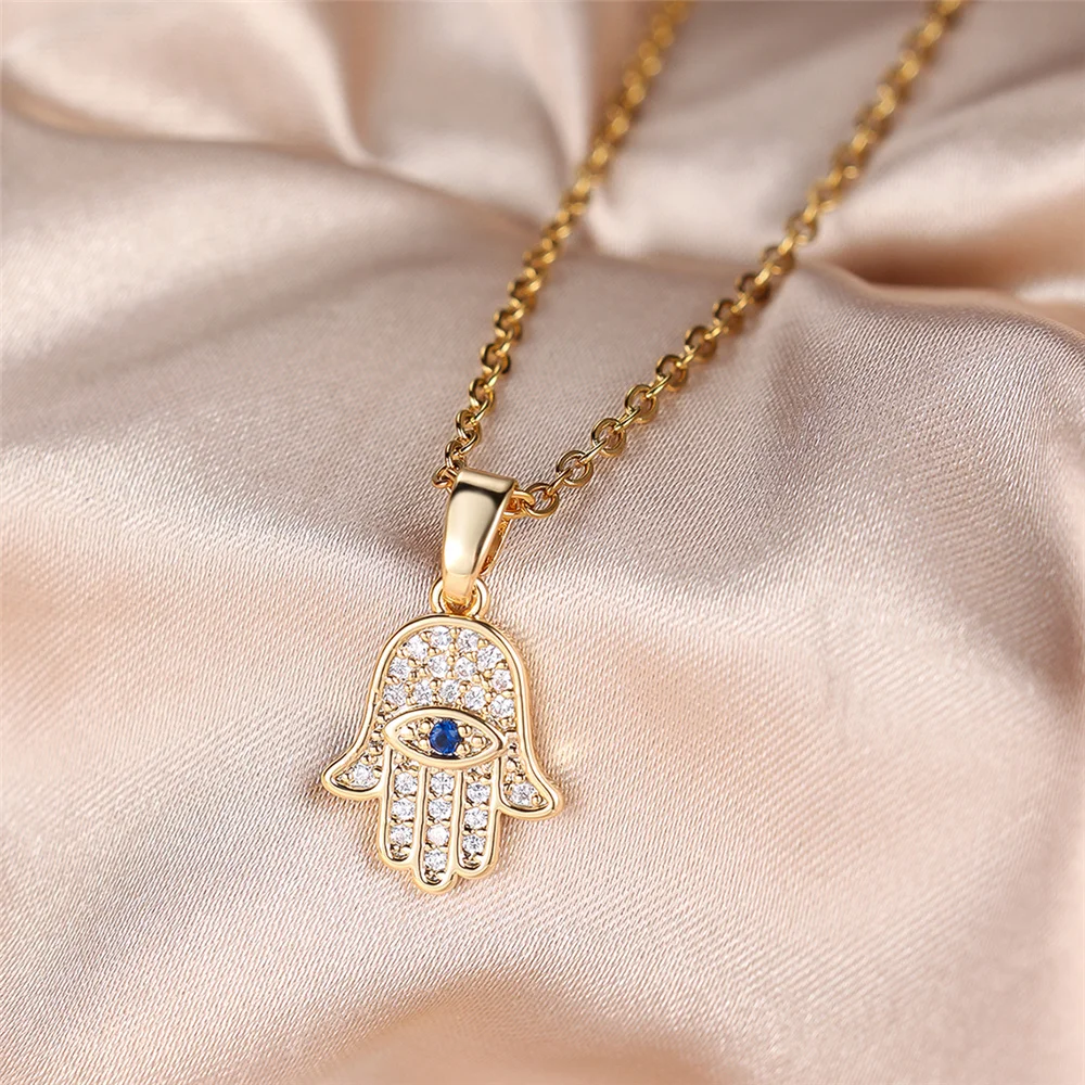 Female Crystal White Blue Zircon Stone Hand Pendant Necklace Vintage Gold Color Wedding Jewelry For Women
