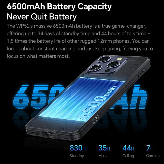 OUKITEL WP52 Téléphone portable - 16Go + 256Go - 48MP - 6,6'' - 6500mAh - IP68 - Smartphone Robuste Double SIM 5G - NFC/GPS 3