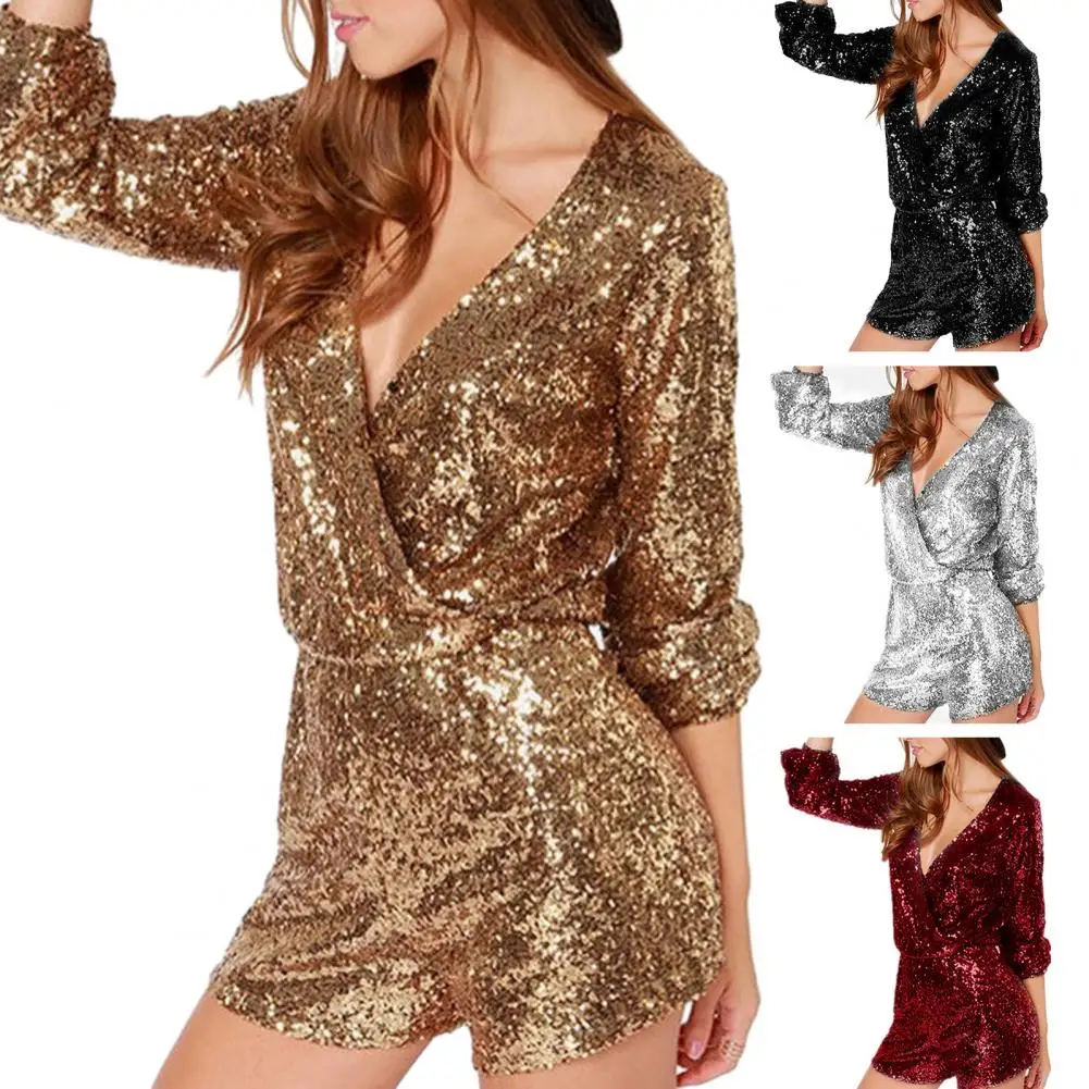 

Women Romper Shiny Sequin Jumpsuit Sexy Paillette Spot Gold Silver Rompers Deep V-neck Shorts Female Dance Evening Party Overall