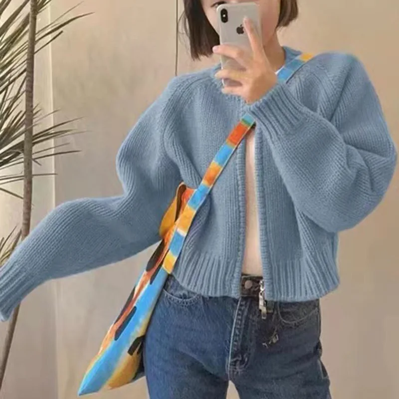 Korean Women Knitted Sweater Autumn Winter Chic Loose Long Sleeve Cardigan Tops Simple Solid Color Sweater Jacket 4