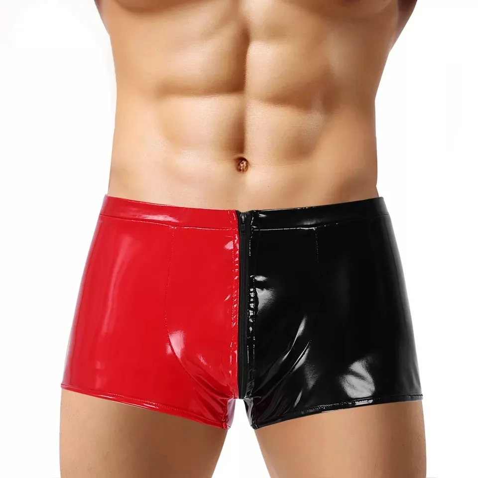 

Color matching Black&red underwear Men's PVC high-gloss patent leather sexy shorts