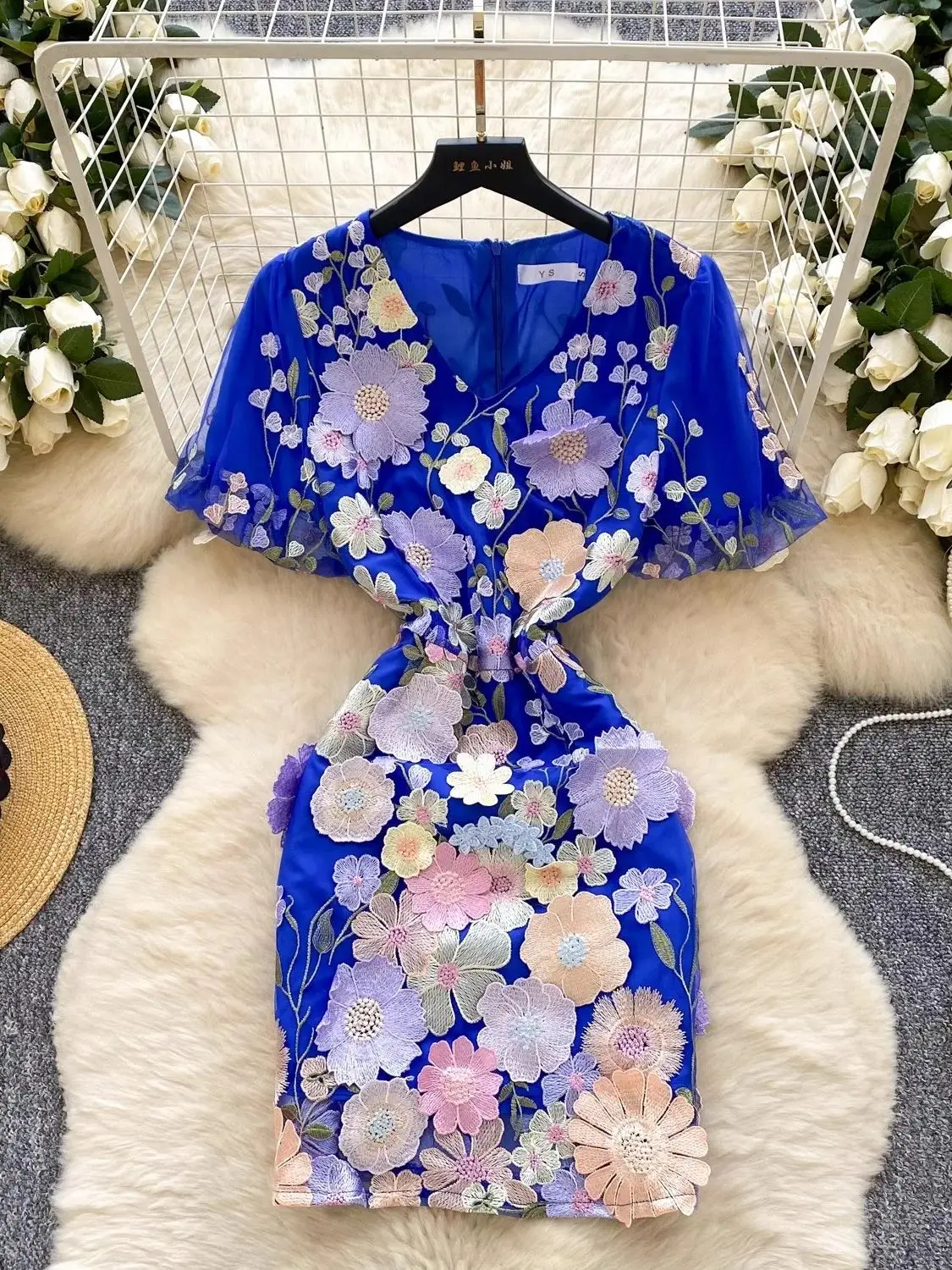 French Elegant Spliced Flower Embroidery Dress Women V Neck