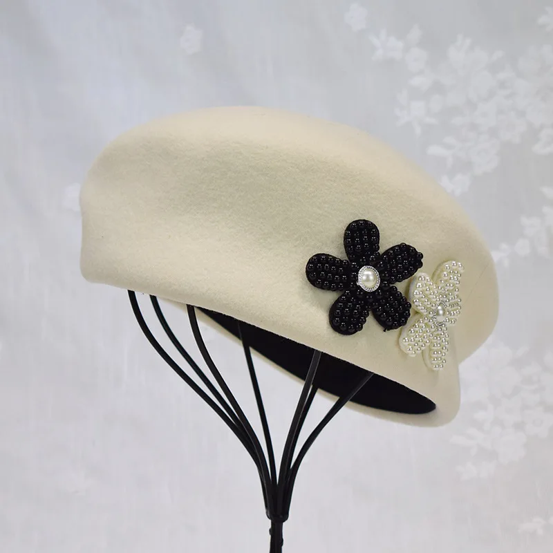 

French Style Dubble Flower Beret Hat Wool Felt Warmer Winter Hat Cap White Black Women Fedora Hat Church Fascinator Pillbox Hat