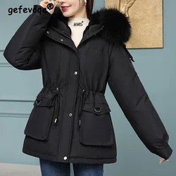 Women Winter Fashion Fur Collar Lamb Wool Thick Warm Snow Parkas Long Sleeve Down Cotton Padded Coat Casual Zipper Hooded Jacket