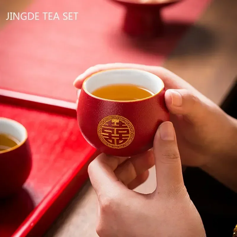 Tea Set Customized Boutique Red Ceramic Chinese Wedding Handmade Exquisite Teaware Supplies Household Teacup Drinkware
