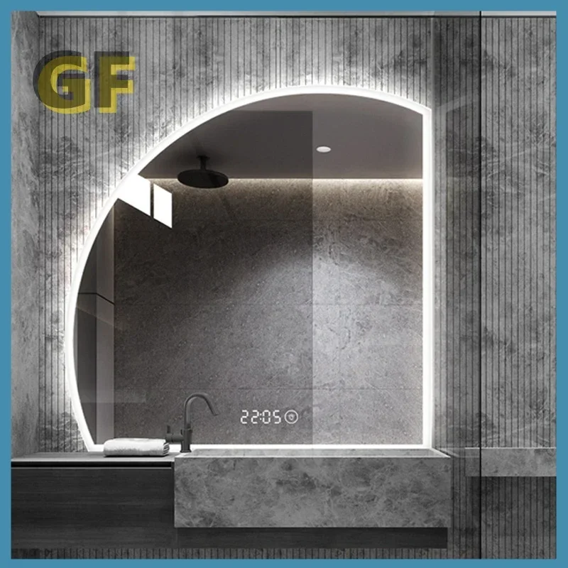 Bathroom mirror frameless touch sensor Bluetooth decorative wall mounted intelligent bathroom half moon mirror with LED light