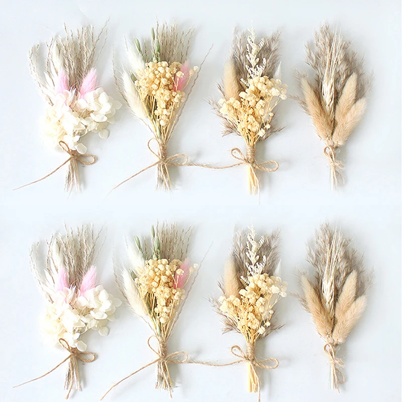 1pc Mini natürliche trockene Blumen Blumenstrauß Bouton nieres Trauzeugen Knopflöcher Brautjungfer Blume Corsage Brosche Weihnachten Hochzeit Dekor