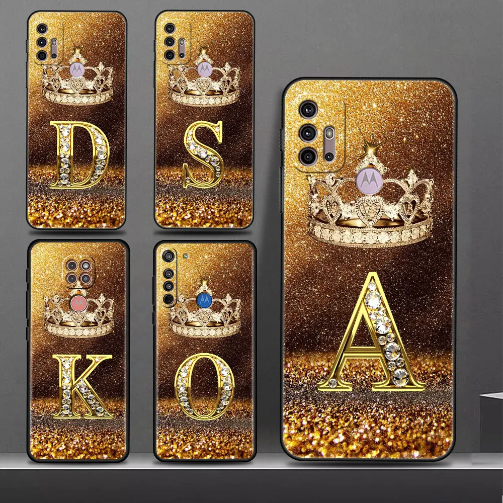 Custodia Antiurto Golden Ornate Letter Crown Per Moto G9 Power G8 Edge 20 Pro G31 G52 G22 30 Neo G200 5G G71 Cover Nera Per Telefono