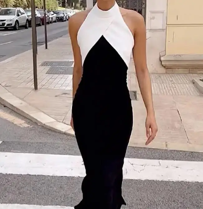 

2023 Summer Fitting A Line Long Skirt Hanging Neck Sleeveless High Waist Temperament Commuting Zipper Elegant Dress for Woman