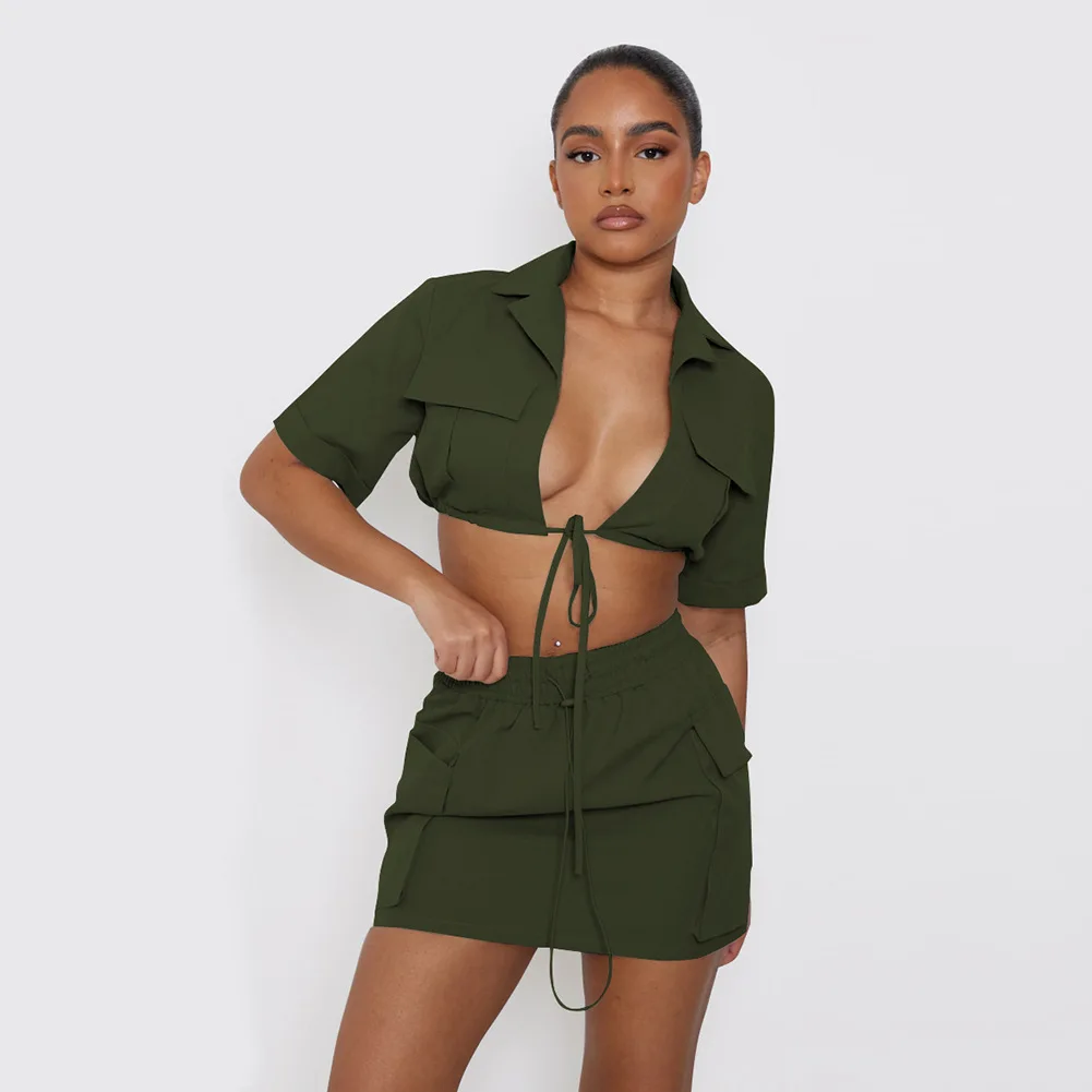 Women's Short Sleeves Crop Top and Cargo Pockets Mini Skirt Set, Casual, Solid Color, Sexy, New, Summer, 2 Pcs Sets, 2023