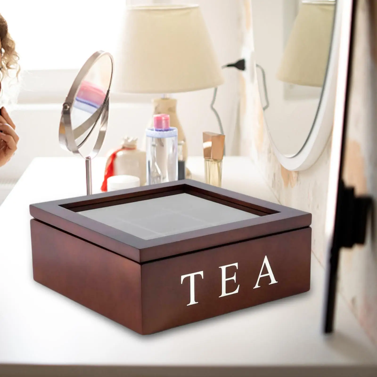 Tea Tin Box Tea Canister Airtight Container Wooden Tea Box with Viewing Window with Lid Home Tea Bag Box for Assorted Teas and Condiments Instant Coffee Packets Creamers