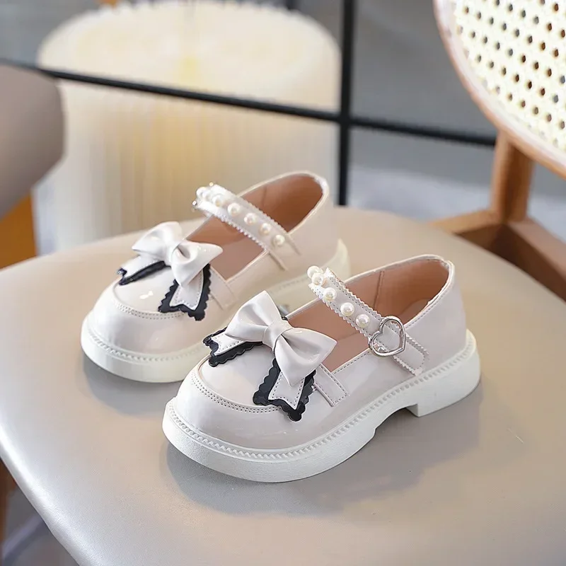 Girls Princess Leather Shoes Spring Autumn Black Children's Flats Fashion Sweet Kids Bowknot Mary Jane Shoes Glossy Thick Bottom