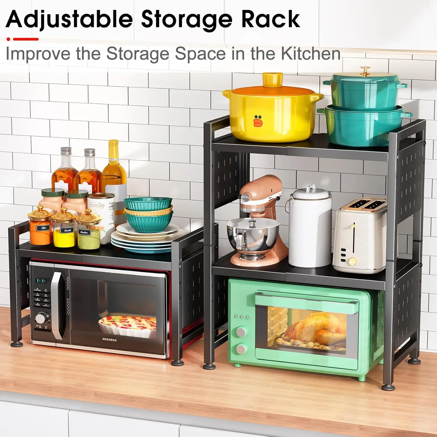 Adjustable Microwave Stand, Microwave Rack for Kitchen Shelves Countertop Organizer Holds 180 Pounds Kitchen Baker Rack