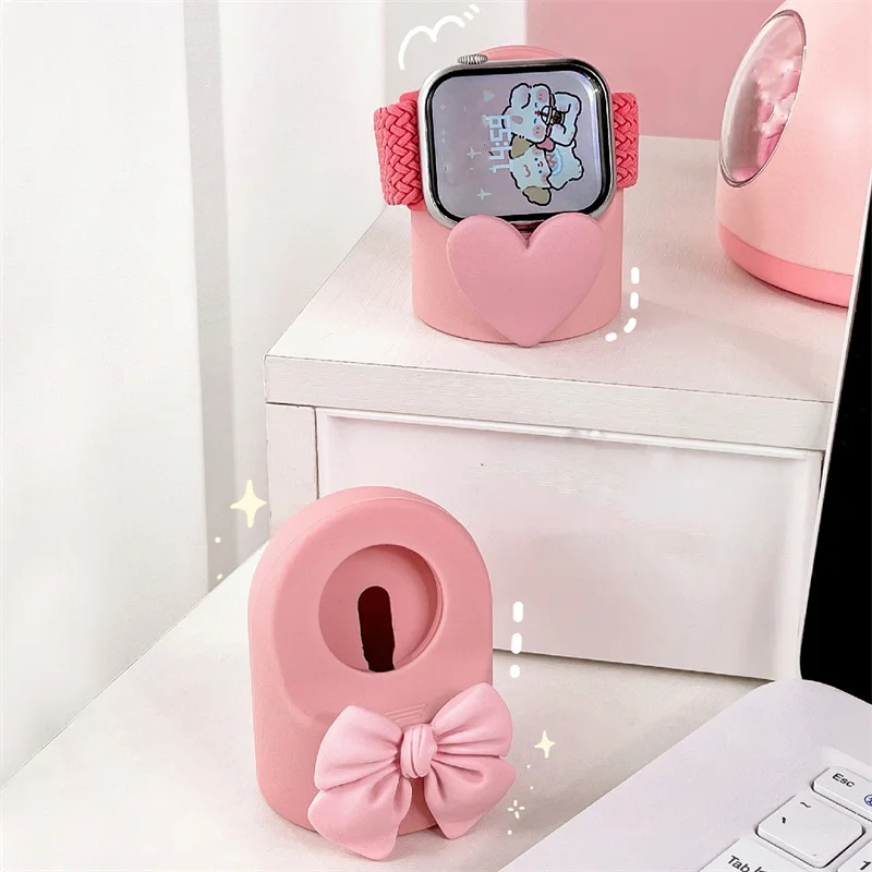 

Cute 3D Bowknot Pink Wireless Charger Stand 49mm 41 45mm For iWatch 38 42 40 44mm Charging Bracket For Apple Watch 8 SE 7 6 5 4