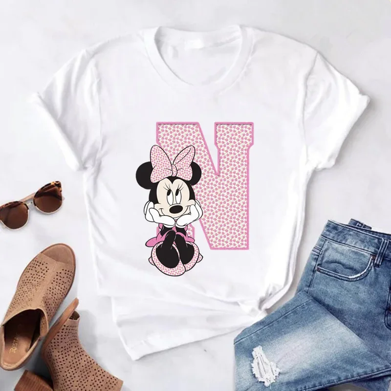 thumbnail image 1 of Camisetas de algodón de manga corta de verano para niños, camiseta rosa con letras de Minnie Mouse, fuente ABCDEFG, divertida y bonita para niño y niña, 1 of 5