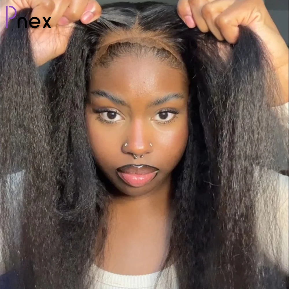 

Glueless Kinky Straight Lace Front Wig Pre Plucked Yaki Brazilian Pre Cut Human Hair Wigs For Woman Natural Hairline 5x5 Closure