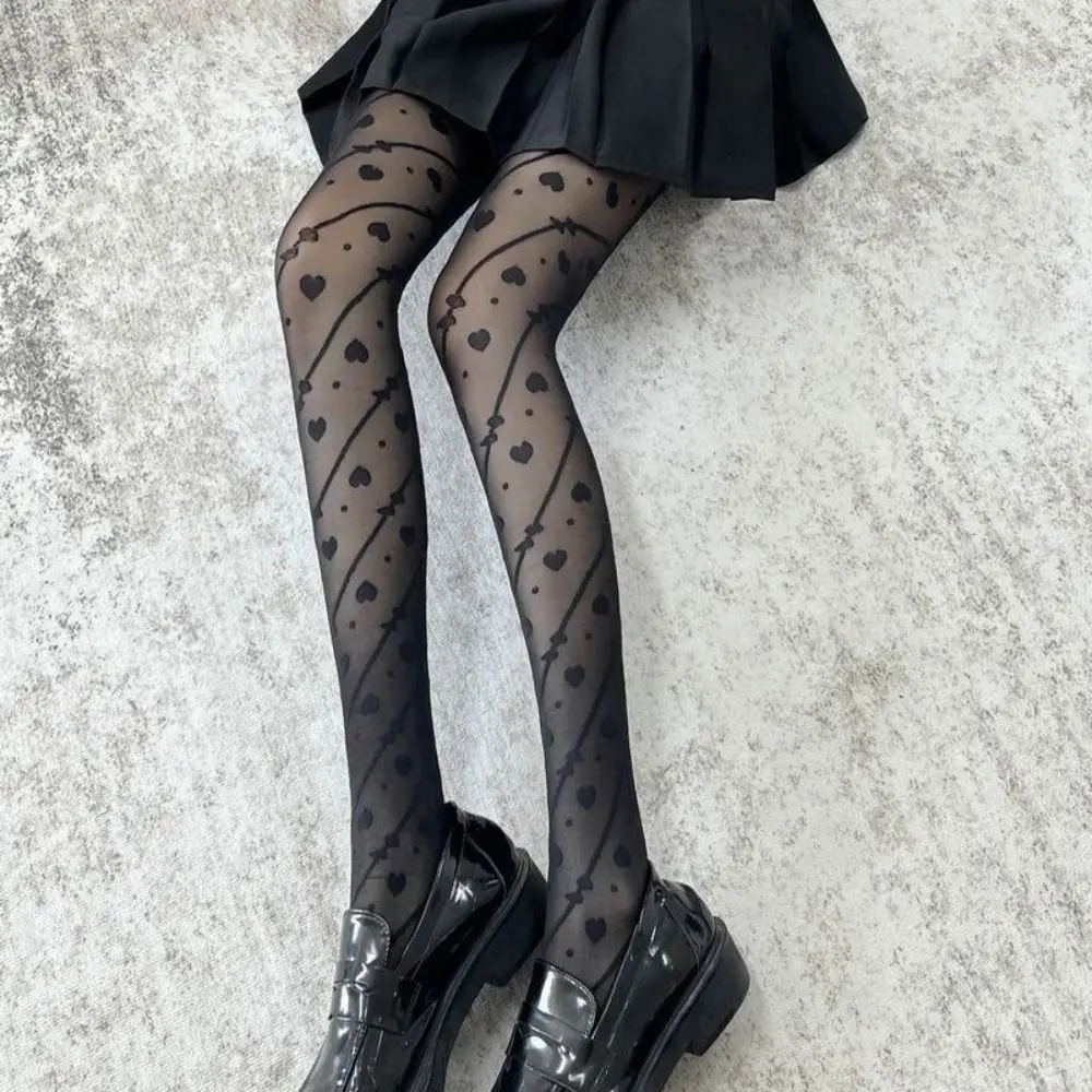Casual Bowknot Heart Long Tights Transparent Lolita JK Stripe Dot Stockings Ultra-thin Harajuku Mesh Pantyhose Girl