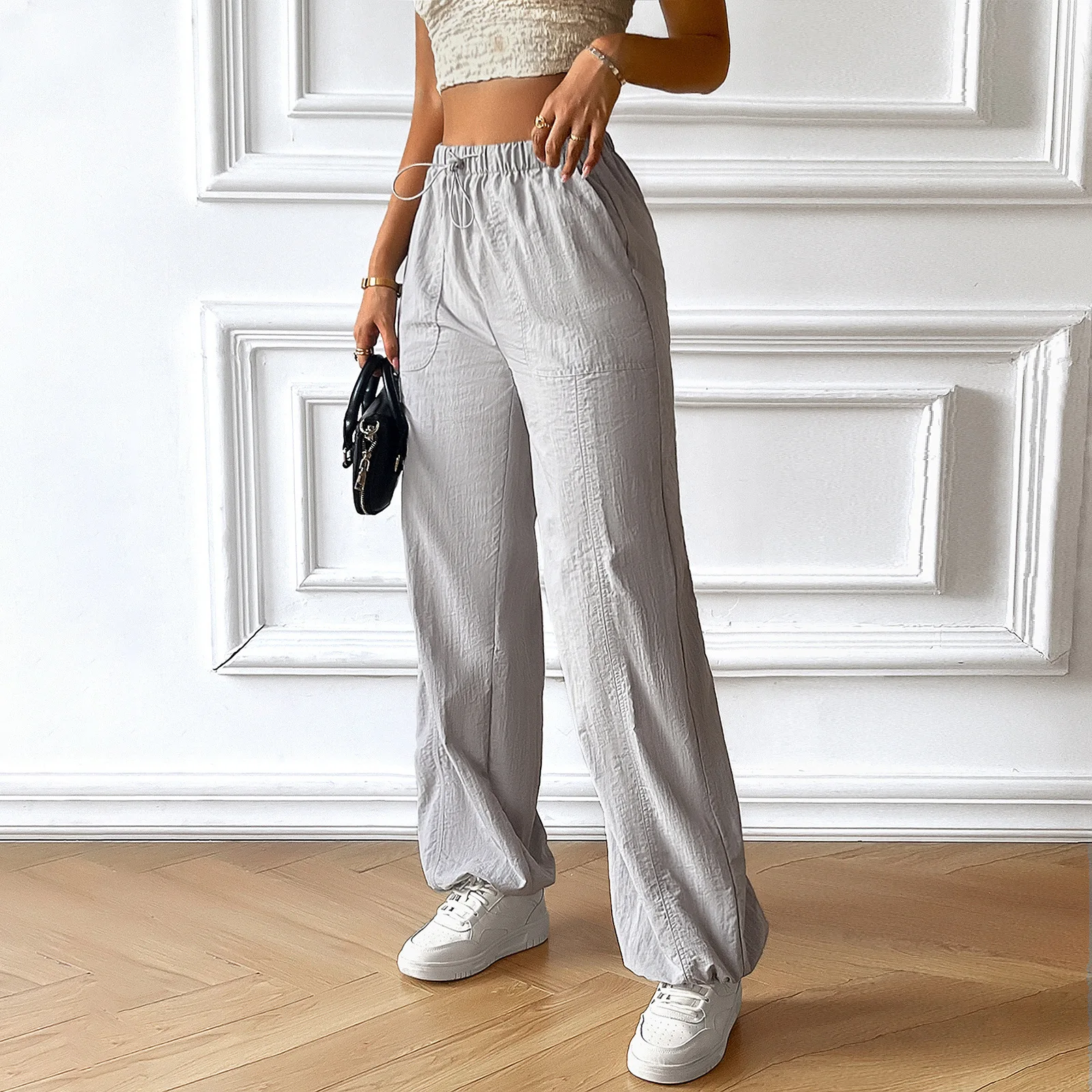 Phantasy Casual Pants Women Autumn Winter Loose Wide-Leg Trousers Solid Elastic Waist Streetwear with Pocket Fashion Bottom