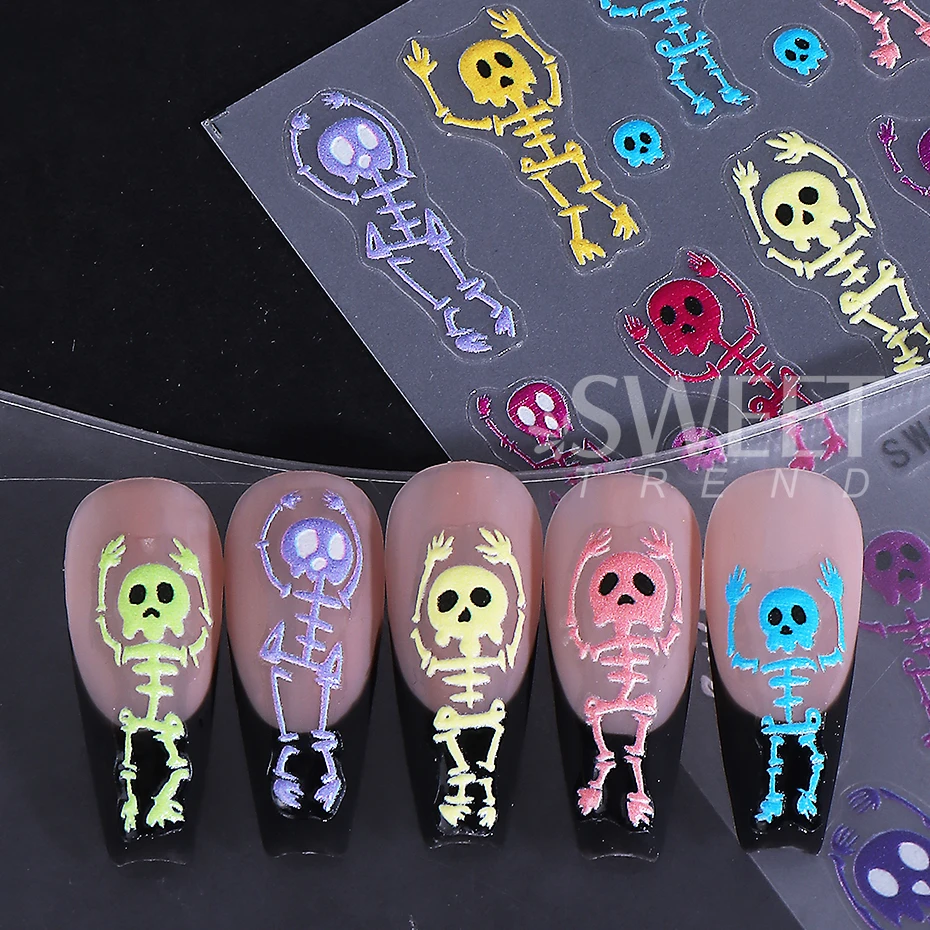 2pcs Skeleton Halloween Nail Stickers Cartoon Skull Heads Textured Design Slider Decals DIY Nail Decoration Manicure Accessories