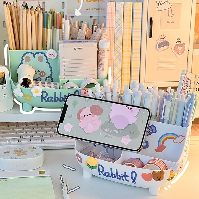 Kawaii Multifunctional Desk Organizer Pen Holder Children Girls Heart  Storage Ins Student Desk Desktop Cute Storage Box