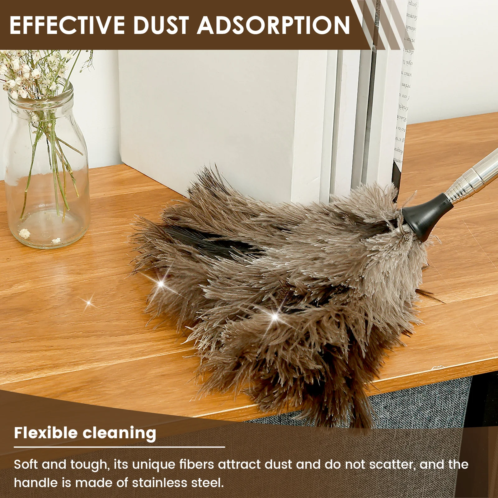 100/115cm Ostrich Feather Duster Retractable Cleaning Feather Duster with Nonslip Handle Home Cleaning Tools for Pendant Lamp