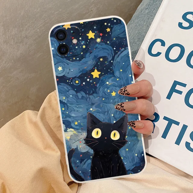 Funda de teléfono de noche estrellada con Gato Negro artístico, carcasa suave para iPhone 15, 14, 13, 12, 11 Pro Max, 12, 13 Mini, XS Max, XR, SE3, 8, 14 Plus - Imagen 3