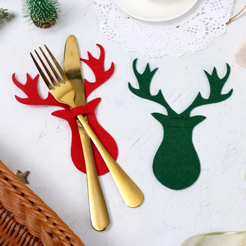 100Pcs Christmas Tree Cutlery Knife Fork Covers Table Decor Elk Xmas Tableware Pocket Holder Bags New Year  Party Decorations