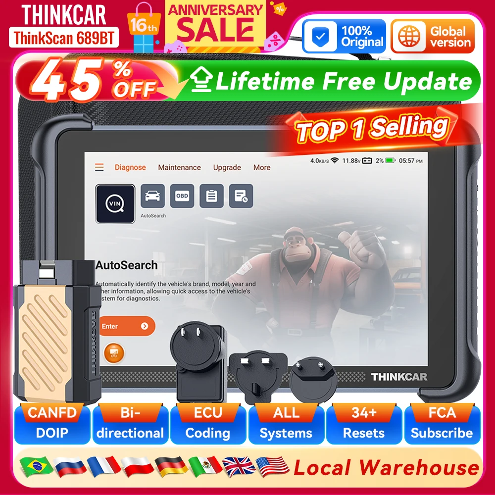 Outil de diagnostic automobile THINKCAR THINKSCAN 689BT CANFD DOIP, codage ECU bidirectionnel, 34 réinitialisations, scanner OBD2 complet, gratuit à vie