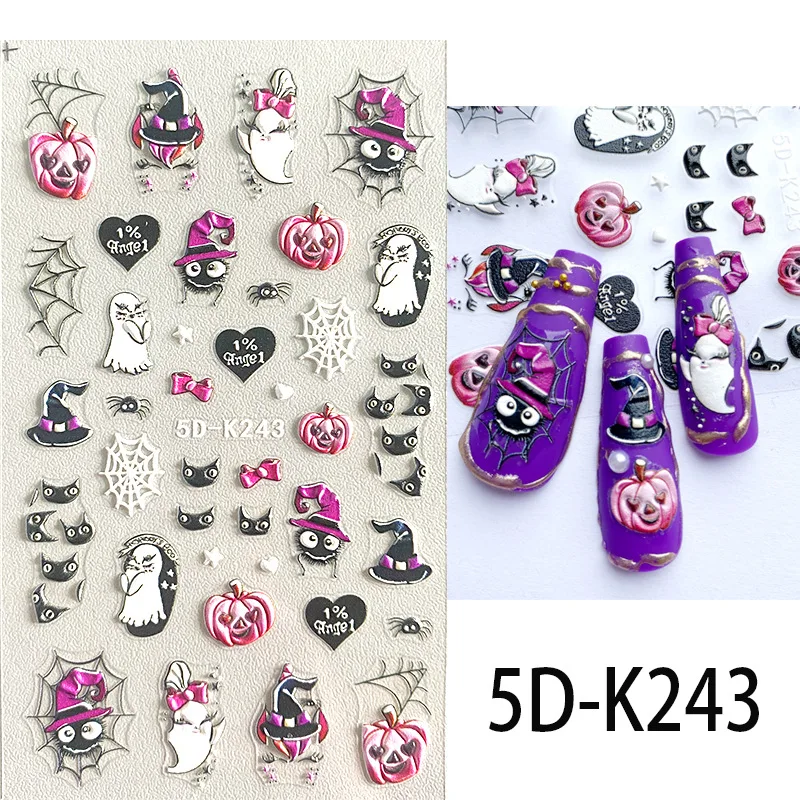5D Realistic Relief Happy Halloween Prank Cute Skull Ghost Jack-o'-lantern Adhesive Nail Art Stickers Decals Manicure Charms 2