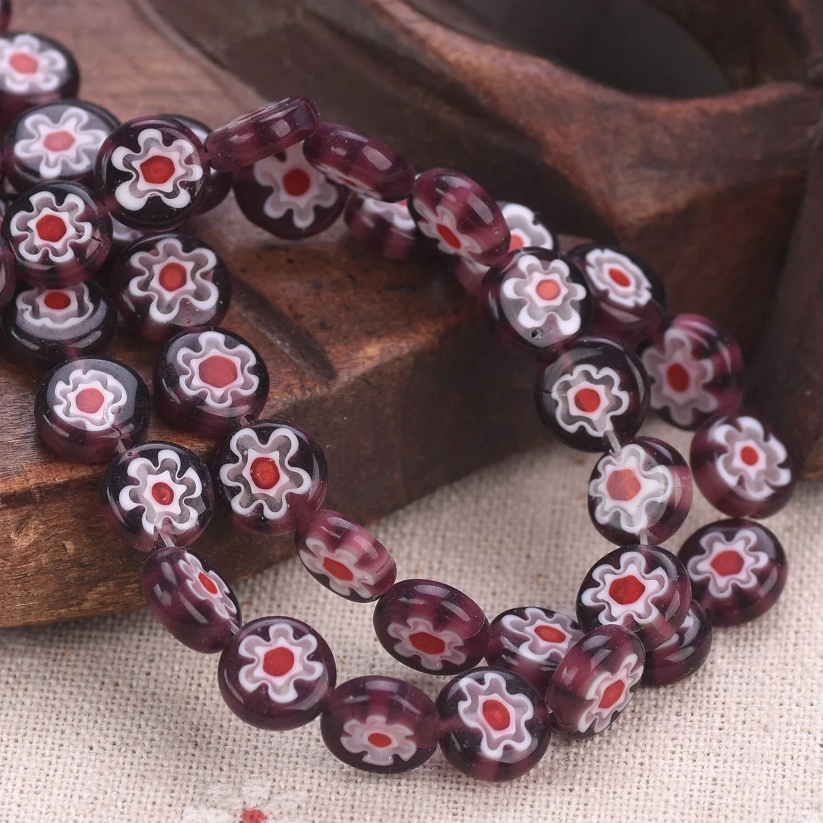 35pcs(1 Strand) Flat Round 10mm Purple Flower Handmade Millefiori Glass Loose Beads Lot For Jewelry Making DIY Craft Findings sneakers slip on round toe flat sneakers rose red in red size 37 38 39 40