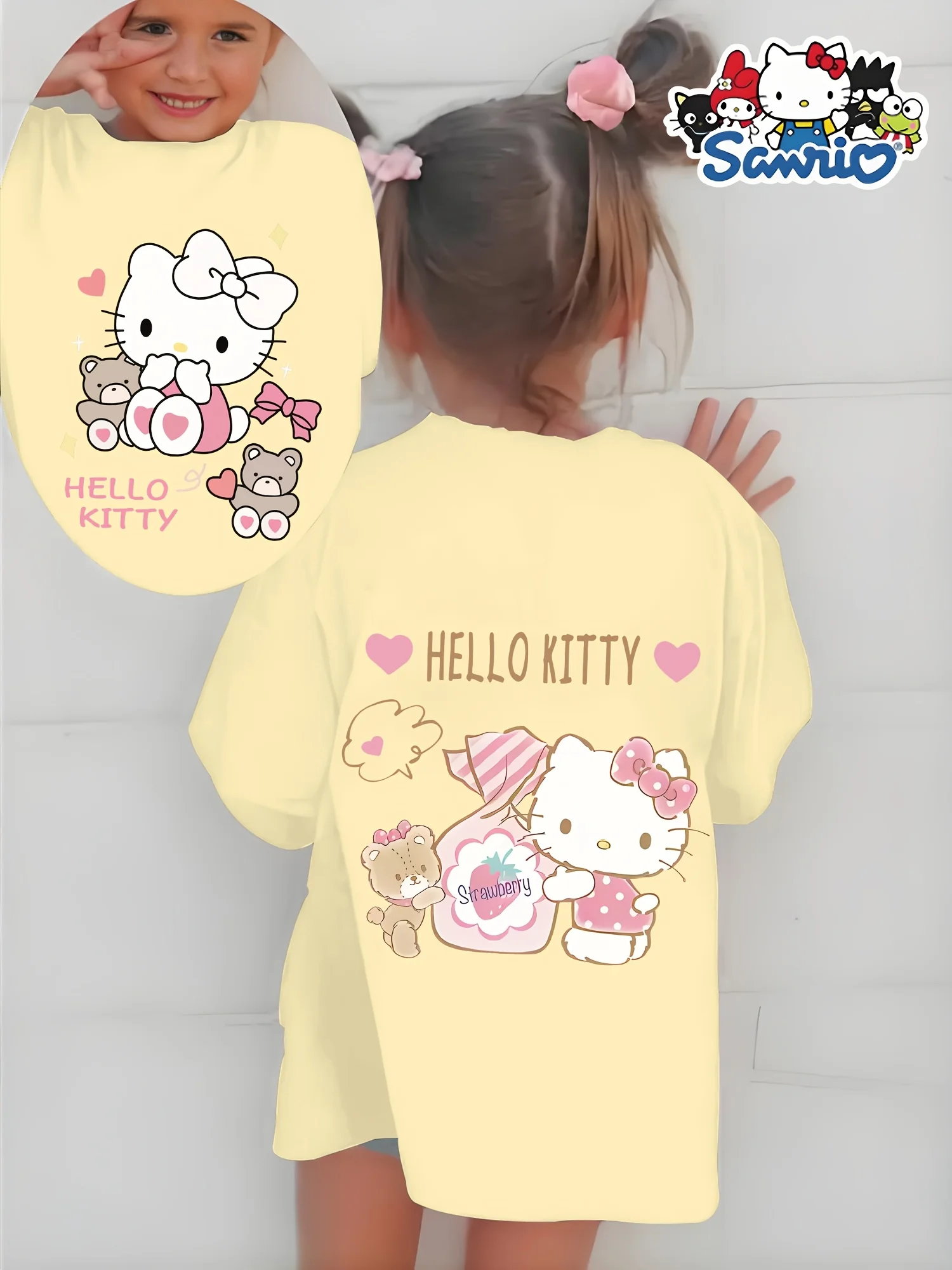 여름 티셔츠 100% 순면 소재로 제작된 산리오 헬로 키티 귀여운 패턴의 패셔너블한 여아 의류