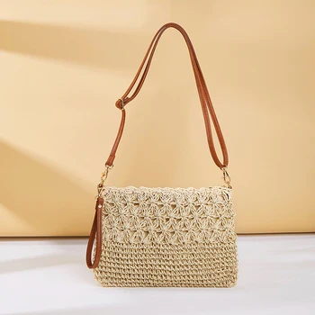 Borse a tracolla in paglia per donna Borsa a tracolla intrecciata estiva Borsa da spiaggia in rafia Borsa da polso all'uncinetto per donna 1