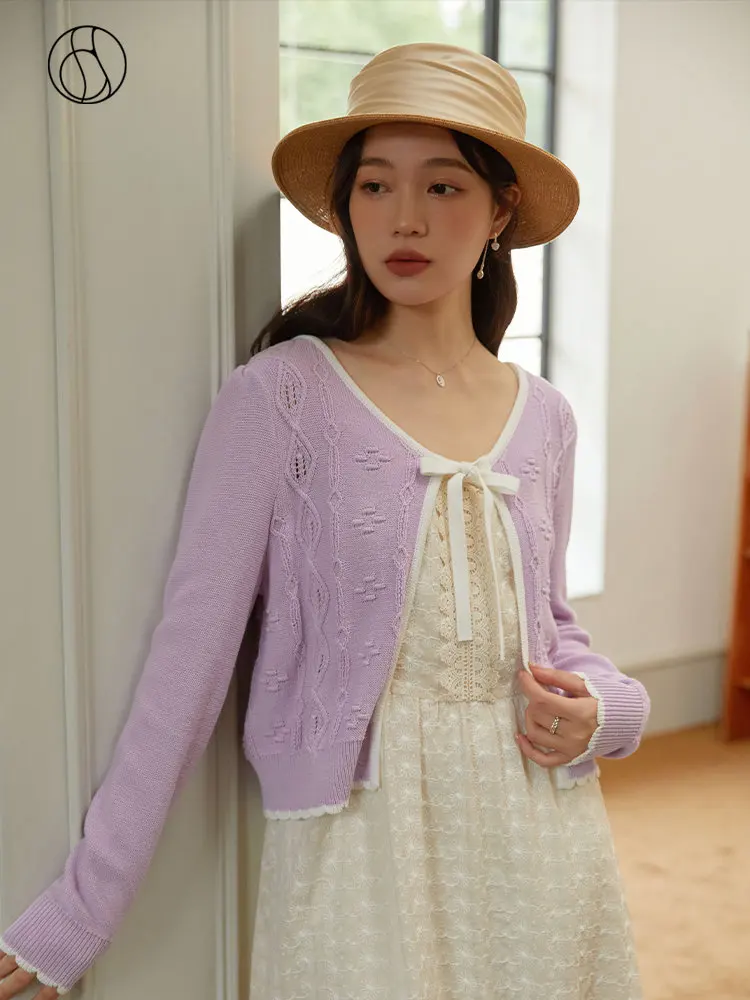 

DUSHU Round Neck Lace Up Design Women Gentle Spring Cardigans Contrast Color Women Short Knitting Tops Full Sleeve New Cardigan