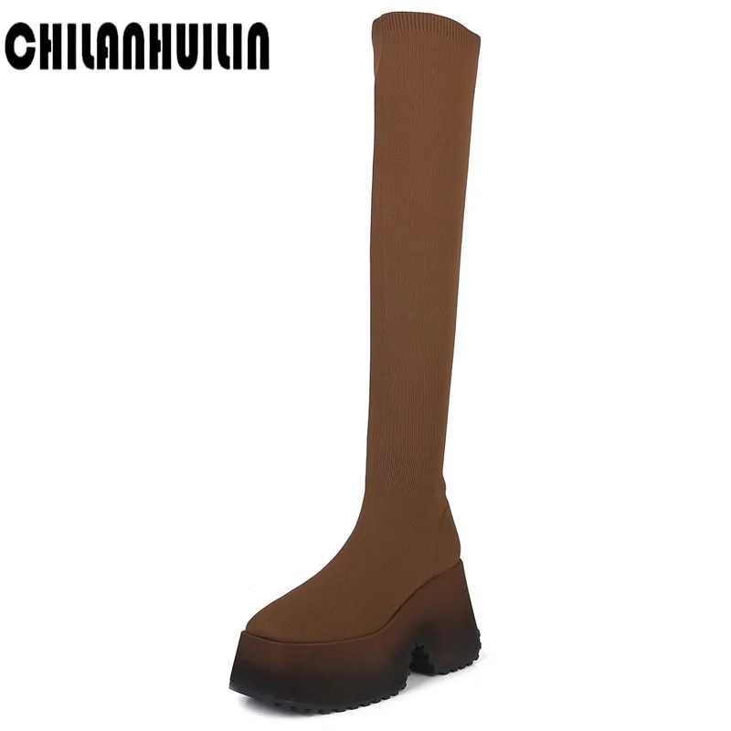 

slim shoes woman pop autumn winter boots shoes women elastic knitting thick platform over the knee high boots women botas mujer