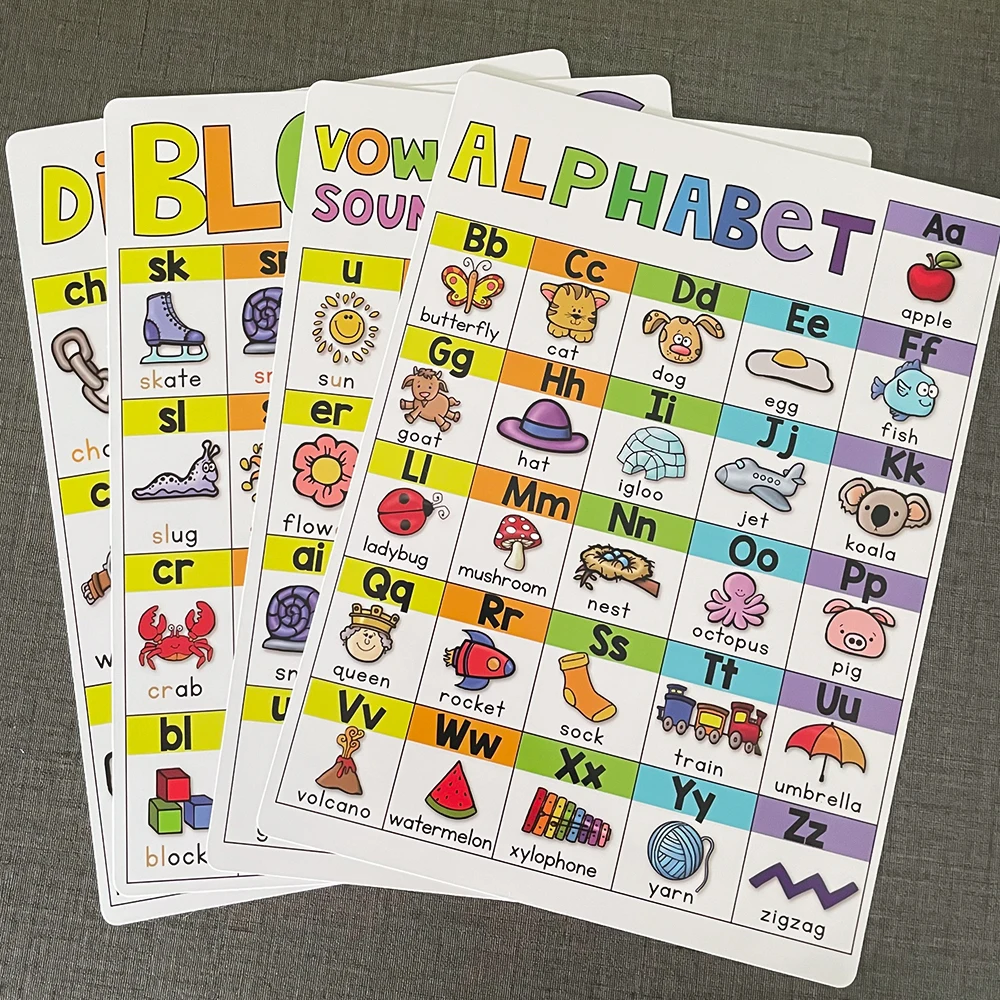 4Pcs/Set Children English Phonics A4 Posters Alpphabet Vowel Blends Digraphs Learning Chart Classroom Decoration Teaching Aid 4