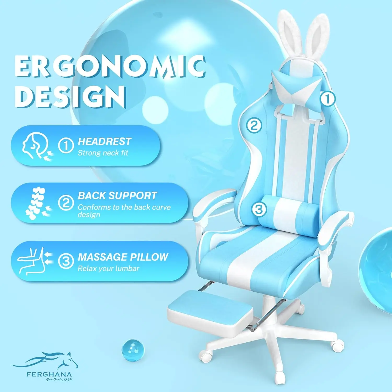 Kawaii Light Blue Gaming Chair with Bunny Ears, Cute Ergonomic Gamer Chair with Footrest and Massage, Racing Reclining Leather C 3