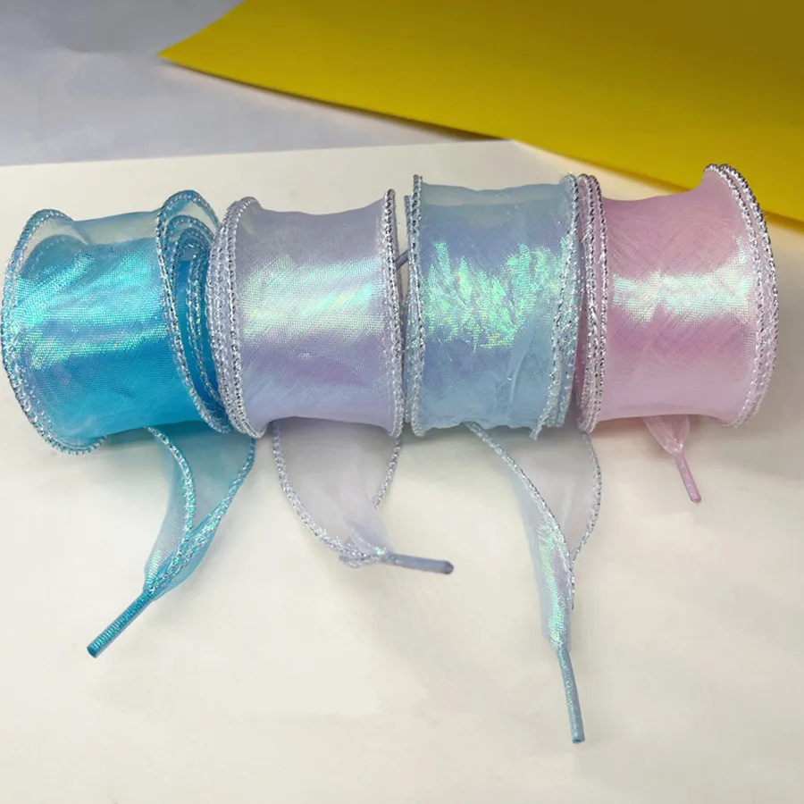 4 cm breite, glänzende Laser-Fischschwanz-Garn-Schnürsenkel, Chiffon, Schleife, Sneaker, Sport DE, Trainingsschuhe, weiße Leder-Freizeitschuhe, Schnürsenkel – Detail 6
