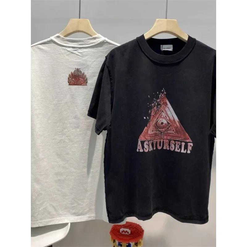 

2024 Summer ASKYURSELF Short Sleeve Washed Old Triangle Print Short T High Street Casual Versatile Half Sleeve T Shirt