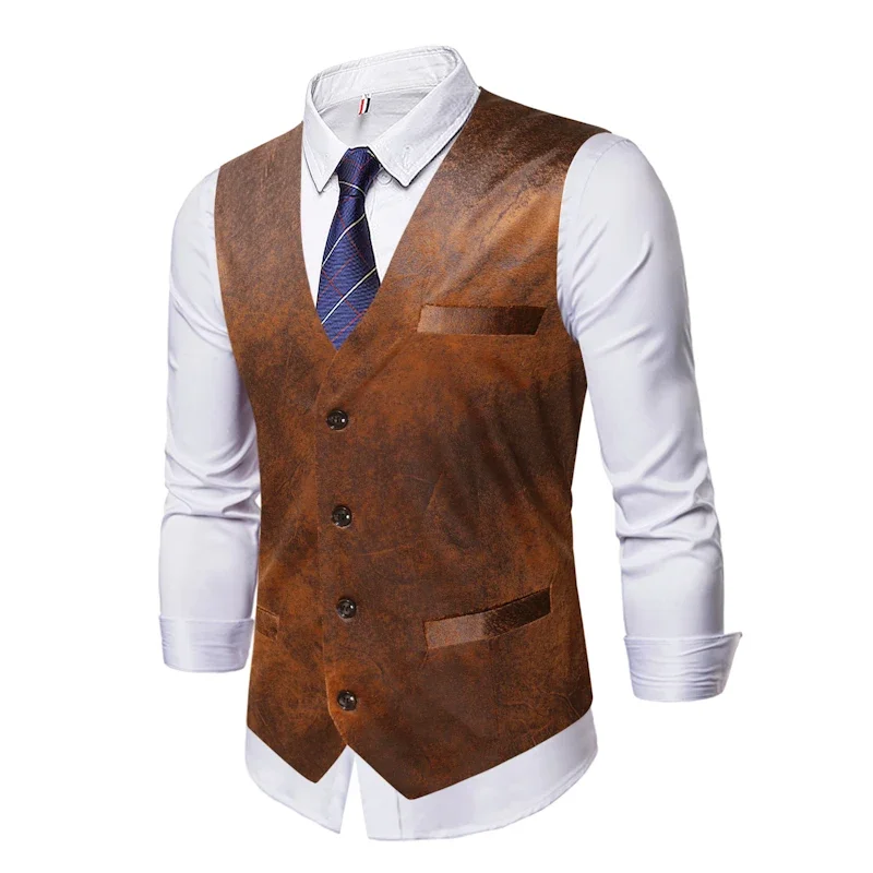 Vintage Imitation Leather Single-breasted Men Casual Vests Jacket Autumn New Fashion V-Neck Sleeveless Chaleco Hombre Streetwear