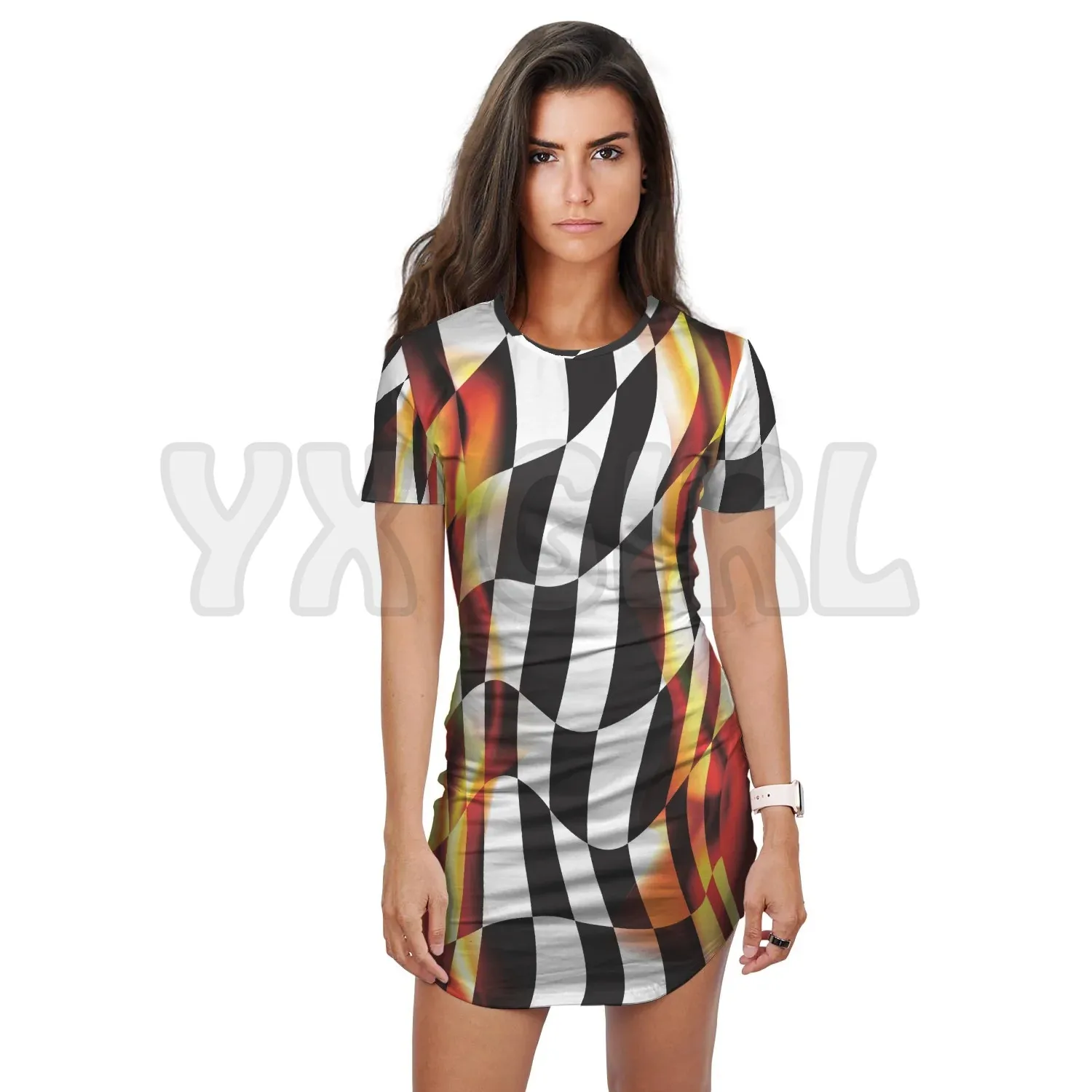 

YX GIRL RACING FLAG OF FLAME T-SHIRT DRESS 3D All Over Printed T-SHIRT DRESS Sexy Summer Women Casual Dresses