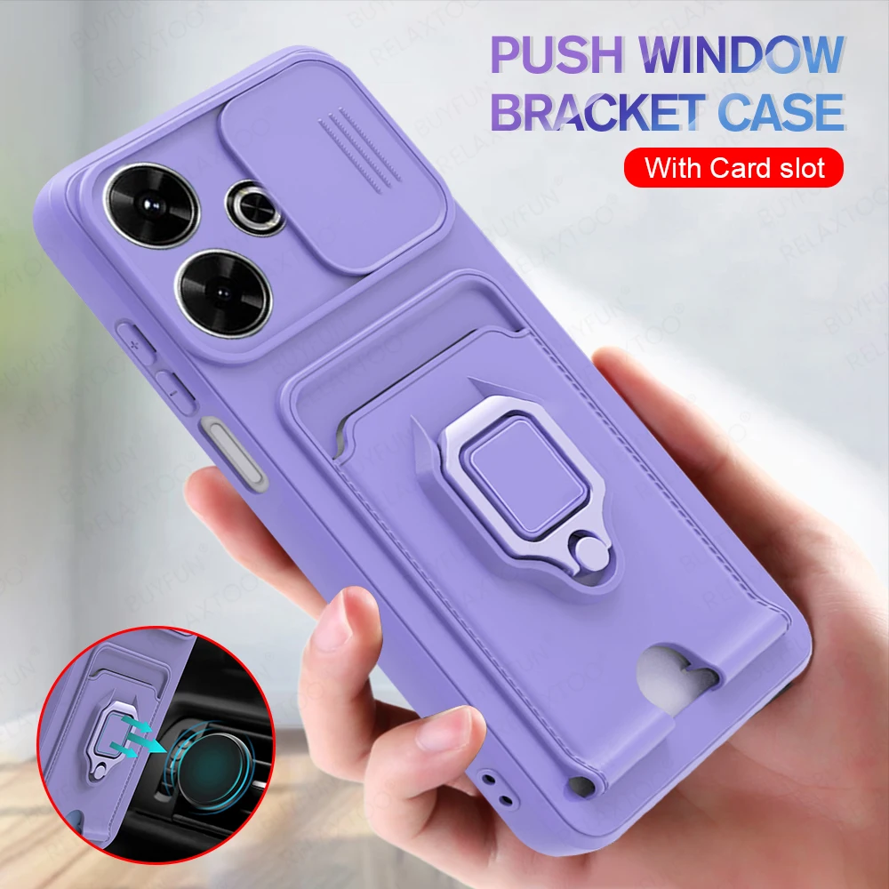 For Xiaomi Redmi 13 4G Push Pull Camera Phone Case Car Magnetic Ring Stand Soft Back Cover