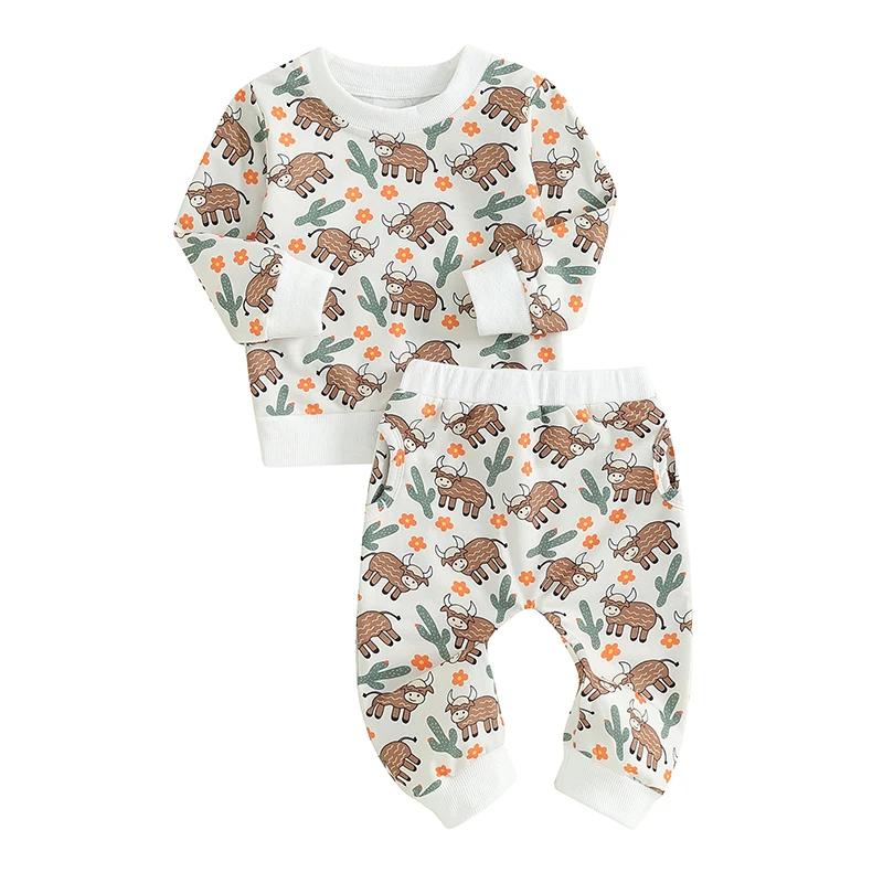 Baby Pants Set Cow Flower Cactus Print Long Sleeve Crew Neck Sweatshirt with Sweatpants 2-piece Outfit