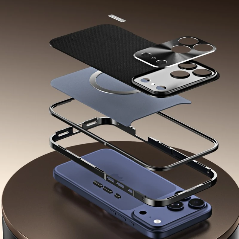 Business Style Magnetic Woven PU Leather Anti-Slip Phone Case with Aluminum Metal Frame