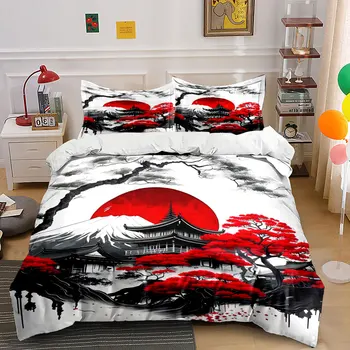 Red Sun, Snowy Peaks, Japanese Aesthetic Printed Duvet Cover Set1 Duvet Cover+2 PillowcaseMulti Size Bedroom Bedding Decor 1