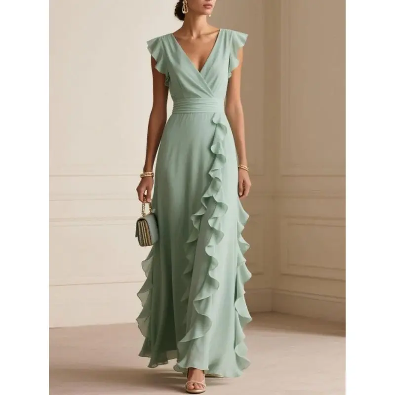 Solid Color Party Prom Dress Sexy V-Neck Ruffles Elegance Pleated Splicing High Waist Dresses Summer Ladies Evening Maxi Dresses